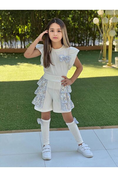 Lucky kidswear DEVOJČIČKI SET SA ŠLJOKICAMA, SIVO-SIVOJUČASTA SUKNJA I KRATKE...