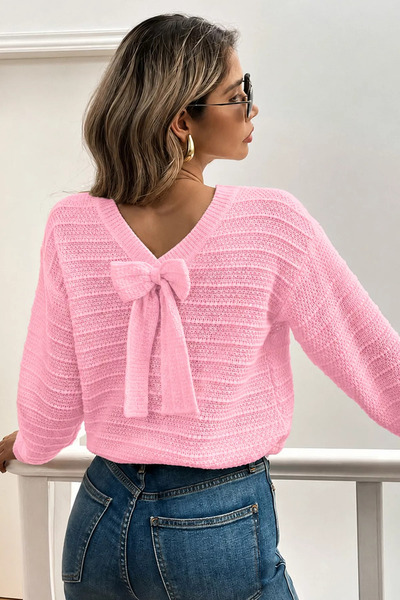 Aryena Pink Self-Patterned Knitwear Blouse with Back Bow