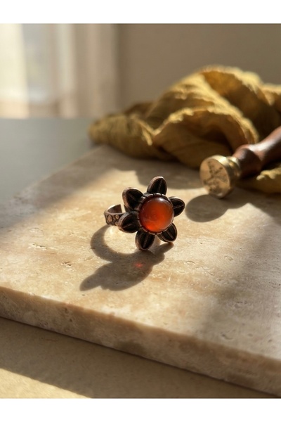 Meneva Aksesuar Orange Agate Natural Stone Authentic Flower Motif Copper Body...