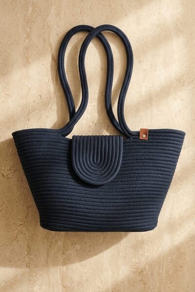 I Love Shoes Floria Navy Blue Rope Women's Beach Bag