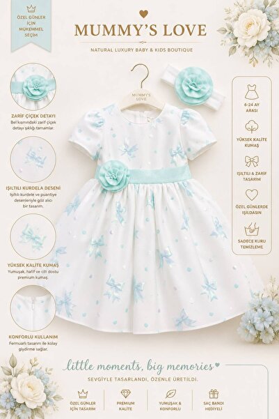 Pamina Girl's Special Occasion & Evening Dress and Rose Headband - Mint Green