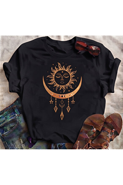 KOZİA OUTDOORS Kadın sarı aygüneş baskılı oversize bisiklet yaka penye tişört