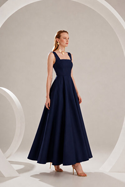 DORİDORCA Women's Square Neck Thick Strap Ankle Length Satin Evening Dress