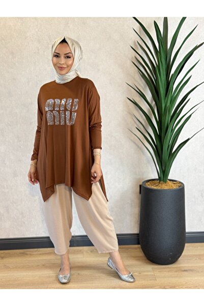 ALANURMODA 24277 تونيك بكتابة حجرية على الجهة الأمامية بلون بني