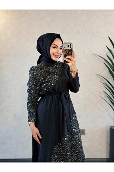 Aişe modaa 3727 roba dress with mesh sequin detail at the hem - black