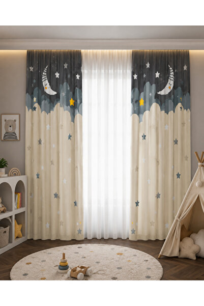 HOMESSA Ay ve Yıldızlı Gece Çift Kanatlı Fon Perde
