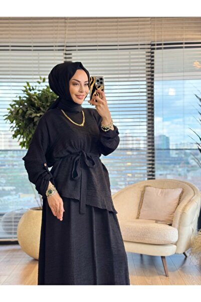 Afili 1517 طقم فستان فيروزي مع بلوزة باللون الأسود