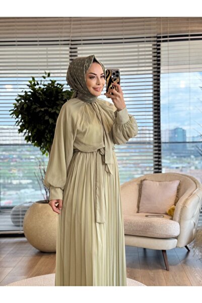 ALANURMODA 25139 Chiffon Skirt Pleated Collar Tie Dress Çağla