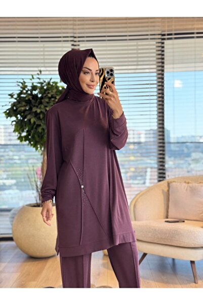 Taşpınar 9894 Front Stitched and Stone Detailed Suit in Plum Color
