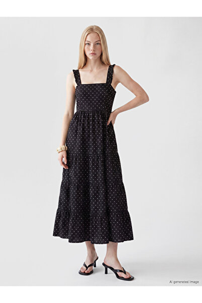 LC Waikiki Xside Black Ruffled Square Neck Polka Dot Dress