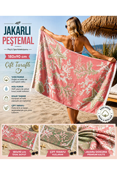 Genel Markalar Jakarlı Çift Taraflı Peştemal 180x90 cm %100 Pamuk Plaj Havlus...