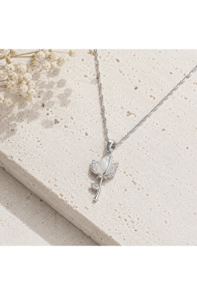 PELKAN ATELİER Silver Opal Stone Rose Figured Necklace – Twisted Chain |   El...
