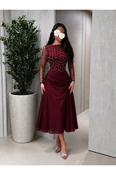 Jood Soft Embroidery Evening Dress Midi Length Party Dress with Sheer Sleeves
