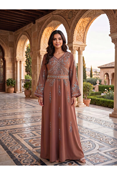 Finelook Silver Crystal Arabesque Embroidered Jalabiya with Belt | V-Neck Sca...