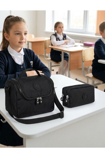 Freedom Bag Trend Black Set of 2 Crinkle Fabric Thermal Lunch Bag + Double Co...