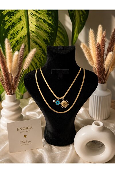 ENORİA ACCESSORİES Gold Güneş, Nazar Boncuğu & İnci Figürlü Çift Katmanlı Çel...