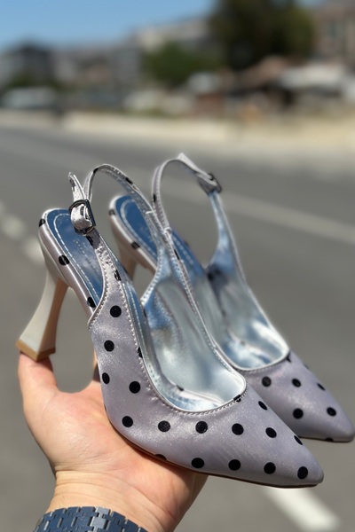 topuksarayı Milano Women's Silver Polka Dot Pointed Toe Slingback Stylish Hig...