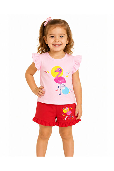 Generic Girls’ Summer Two-Piece T-Shirt and Shorts Set with Flamingo Print