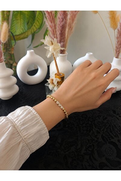 Gold Kalp Detaylı Çelik Bileklik – Zirkon Taşlı