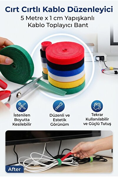 ALL FAST Cırt Cırtlı Kablo Düzenleyici 5 Metre x 1 cm Yapışkanlı Kablo Toplay...