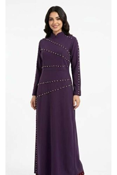 unbranded Women's Plum Purple Pearl Embellished Maxi Evening Dress with High ...