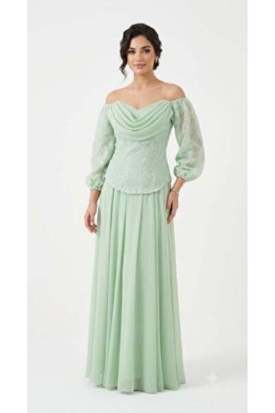 unbranded Women's Mint Green Lace Off Shoulder Maxi Evening Dress with Draped...