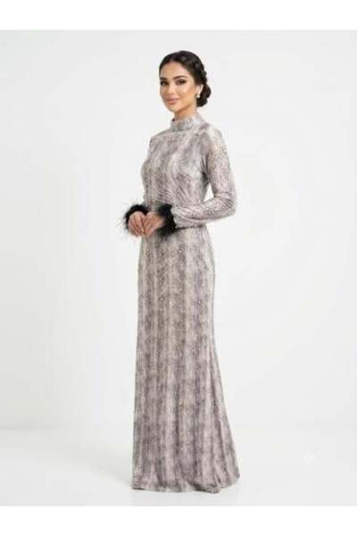 unbranded Women's Silver Embellished Maxi Evening Dress with High Neck, Long ...