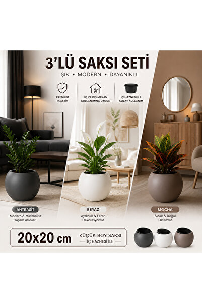 CANBOTANİK 3'lü Saksı Seti 20x20 cm Küçük Boy | Antrasit, Beyaz, Mocha | Premium Plastik | İç Hazneli
