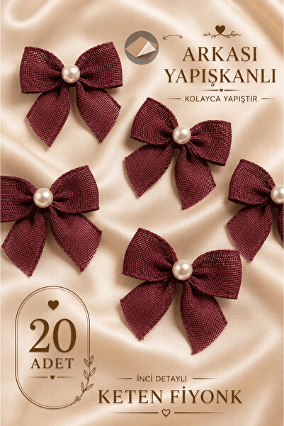 Ak Tuhafiye Adhesive Pearlized Linen Bow 20 Pieces Burgundy -Gift Package-Wed...