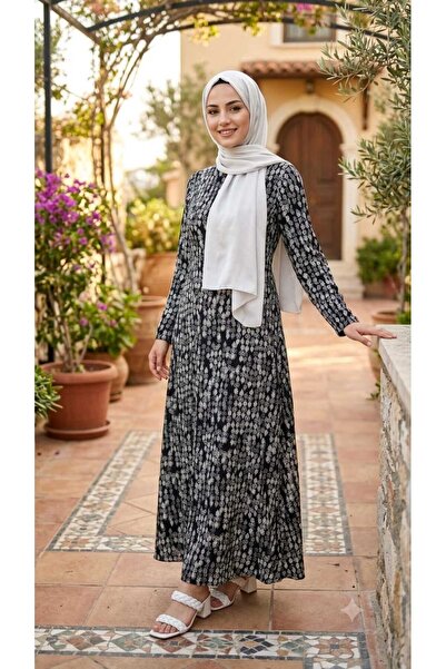 Asel Women's Plus Size Patterned Woven Viscose Fabric Long Hijab Dress