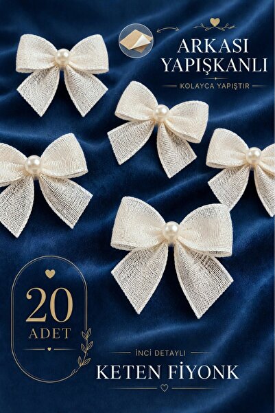 Ak Tuhafiye Adhesive Pearlized Linen Bow 20 Pieces Cream -Gift Package-Weddin...