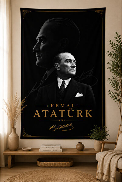 Piloji Kemal Atatürk Wall Covering Black Gold Fabric Wall Decoration Modern L...