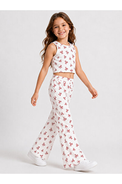 özge başaran Girl's Bow Patterned Ribbed 2-Piece Set with Spanish Flared Legs...