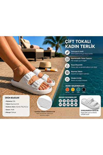 Sport Unisex Beyaz Çift Tokalı Anatomik Terlik Kaydırmaz Hafif Suya Dayanıklı...