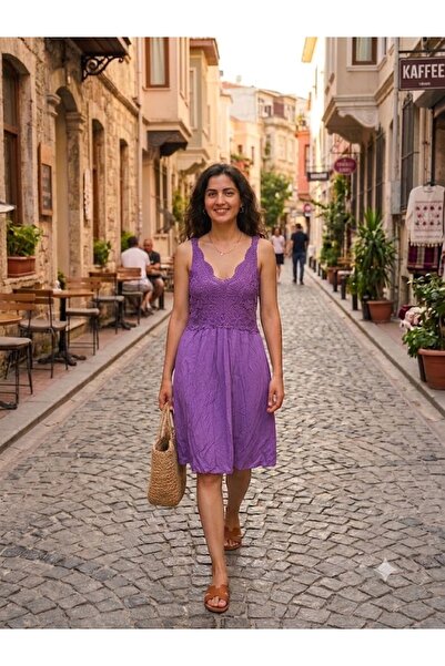 AYASOFYA OTANTIK فستان نسائي إيطالي متوسط الطول من الفيسكوز بتفاصيل دانتيل وح...