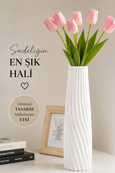 İBERİALHOME Modern Dekoratif Uzun Vazo | Minimal Çizgili Çiçek Vazosu | Beyaz...