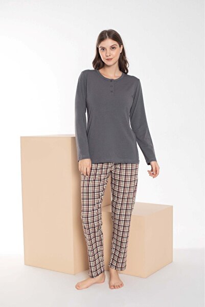 GUAVA+ Women's Gray Brown Plaid Patterned Modal Long Sleeve Pajama Set