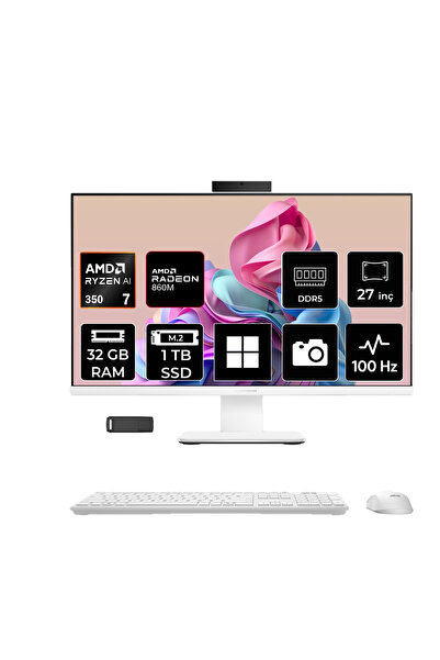 ExpertCenter P600 Ryzen AI 7 350 32GB RAM 1TB SSD 27" Full HD (1920x1080) Win11 Home PM670KAP321 Beyaz AI-Powered All In One Bilgisayar + Per4 USB Bellek