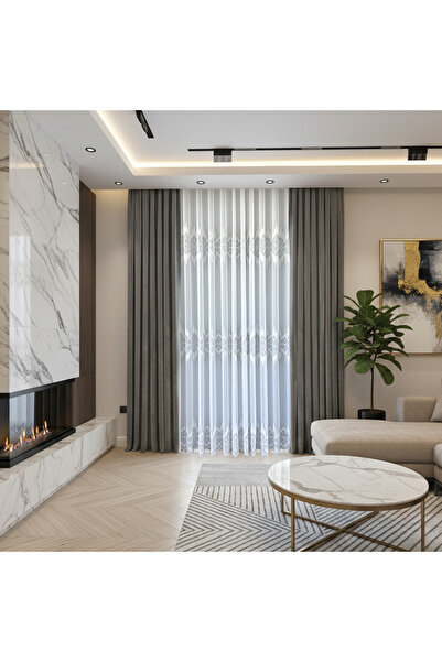 ArasyaHome Perdea cu Broderie Eleganta Alb/Gri
