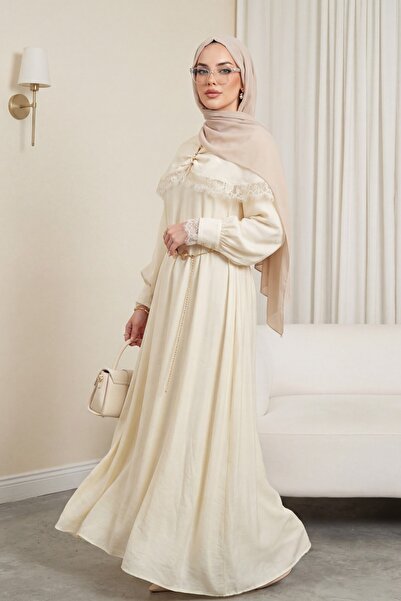 Modamorfo Lace Detailed Cape Belted Lined Imported Ibiza Dress -Beige