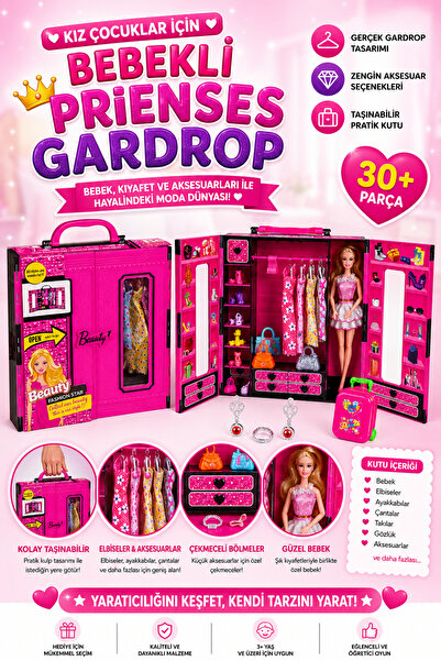POZART Bebekli Prenses Gardrop Oyun Seti | 30+ Parça Moda ve Aksesuar Seti