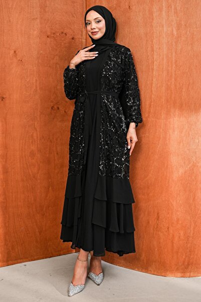 İmajButik Siyah Eteği Katlı Fırfırlı İkili Abaya Takım