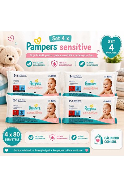 Pampers Set 4 x Sensitive Șervețele Umede Bebeluși – 80 buc/pachet, Total 320...