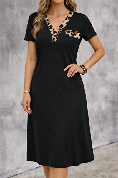 Livizmir Moda Women's Short Sleeve V-Neck Midi Viscose Dress with Ornamental ...