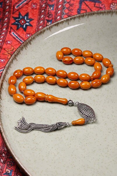 TESBİHKENTİ Hareli Orange Silver Tasseled Amber Prayer Beads