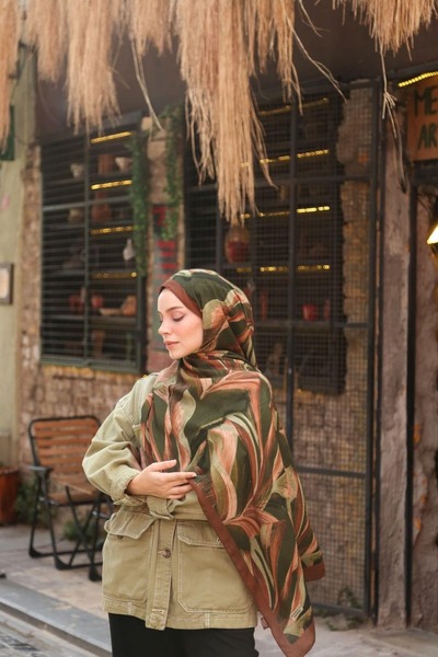 ENRİCO FERRİ Petra Modern Brush Pattern Shawl - Khaki Tile
