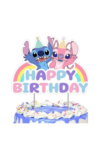 Baloane Vesele Topper Tort Stitch și Angel Happy Birthday Curcubeu Decor Aniv...