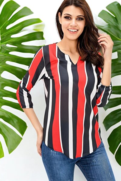 Moda4x4 Women's Clothing Navy Blue & Red Striped Crepe Blouse with Slit Colla...