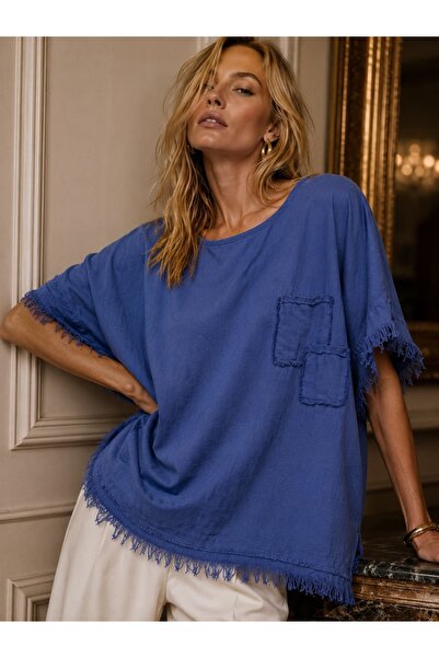 Punta Otantik Pts25073 Cotton Blouse with Tassels on Sleeves and Hem in Marin...