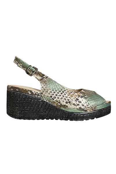 Platin Green Snake Print Leather Women's Wedge Heel Sandals